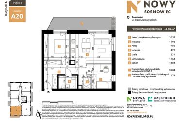 Rzut - Mieszkanie na sprzedaż 3 pokoje o powierzchni 61,58 m² - numer A20 w Nowy Sosnowiec