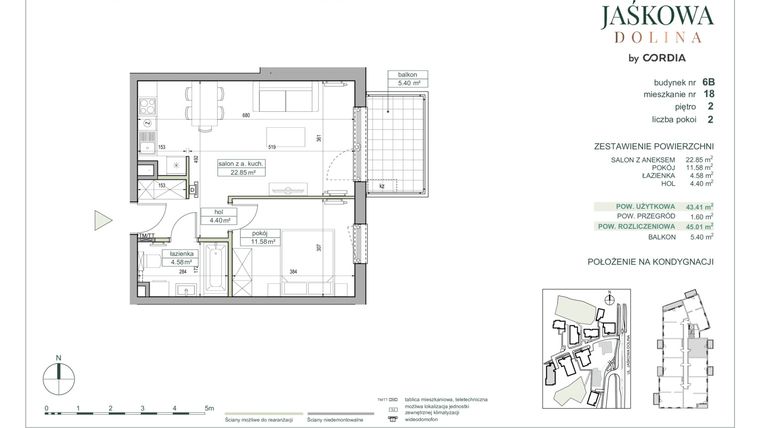 Rzut - Mieszkanie na sprzedaż 2 pokoje o powierzchni 45,01 m² - numer 6.B.18 w Villa Jaśkowa Dolina etap II