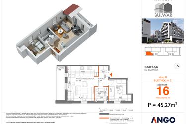 Rzut - Mieszkanie na sprzedaż 2 pokoje o powierzchni 45,27 m² - numer 16 w Bulwar bud. 2