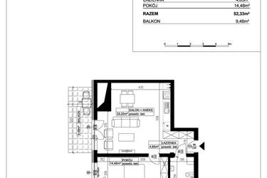 Rzut - Mieszkanie na sprzedaż 2 pokoje o powierzchni 52,33 m² - numer 36 w Ceramika
