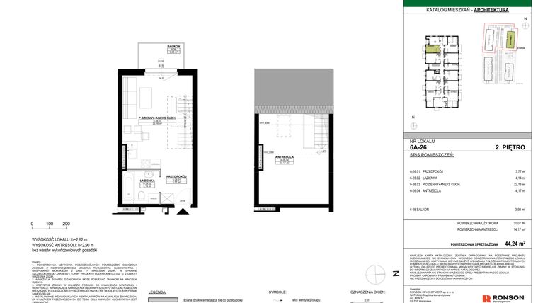 Rzut - Mieszkanie na sprzedaż 2 pokoje o powierzchni 44,24 m² - numer 6A-26 w Nowa Północ etap 2A