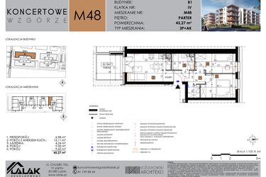 Rzut - Mieszkanie na sprzedaż 3 pokoje o powierzchni 45,15 m² - numer B1.48 w Koncertowe Wzgórze