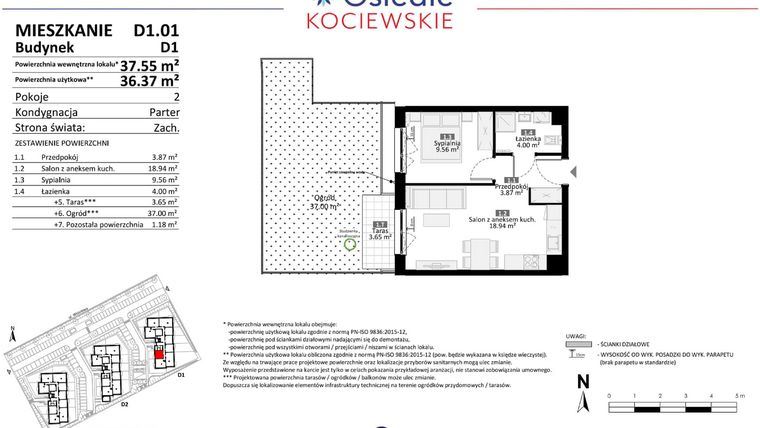 Rzut - Mieszkanie na sprzedaż 2 pokoje o powierzchni 36,37 m² - numer D1.01 w Osiedle Kociewskie etap III