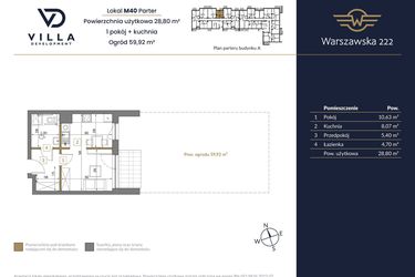 Rzut - Mieszkanie na sprzedaż 1 pokój o powierzchni 28,8 m² - numer 40A w Warszawska 222