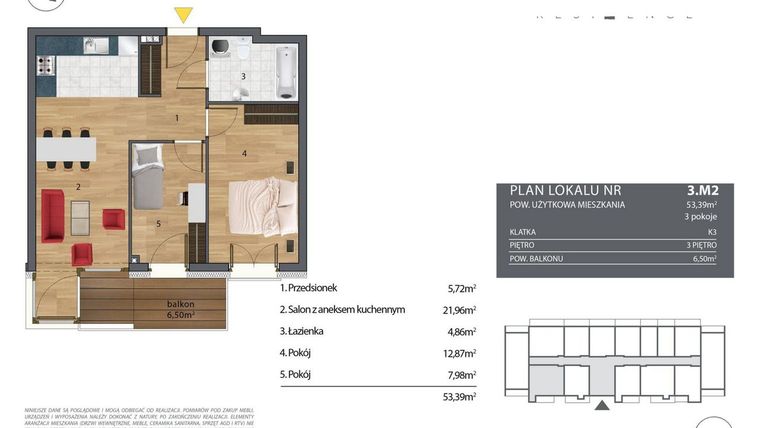 Rzut - Mieszkanie na sprzedaż 3 pokoje o powierzchni 53,61 m² - numer K3.3.M2 w Nyska Residence