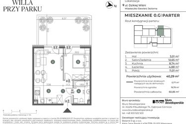 Rzut - Mieszkanie na sprzedaż 2 pokoje o powierzchni 40,29 m² - numer 0.G w Willa przy parku