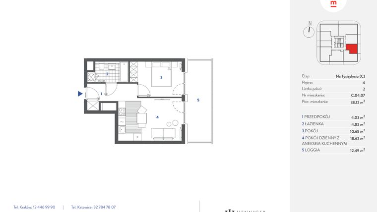Rzut - Mieszkanie na sprzedaż 2 pokoje o powierzchni 38,12 m² - numer C.04.07 w Mieszkaj w mieście - Na Tysiącleciu budynek C