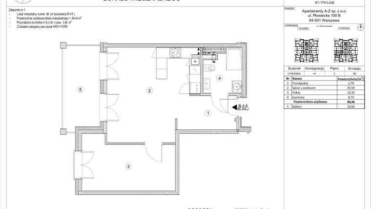 Rzut - Mieszkanie na sprzedaż 2 pokoje o powierzchni 46,44 m² - numer B.4.6 w Osiedle Villa Romanów