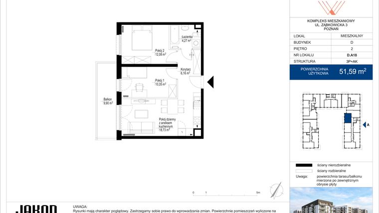 Rzut - Mieszkanie na sprzedaż 3 pokoje o powierzchni 51,59 m² - numer D.A18 w Wieruszowska D