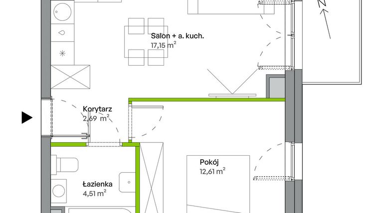 Rzut - Mieszkanie na sprzedaż 2 pokoje o powierzchni 36,96 m² - numer B.04.04.02 w WUWA Vita