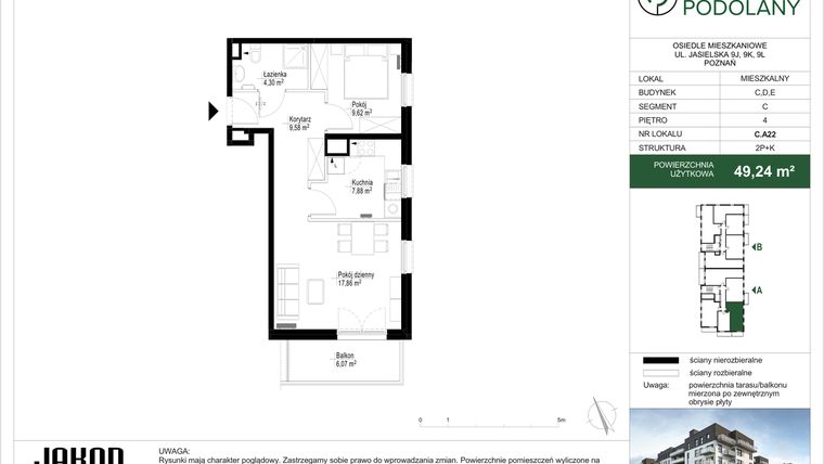 Rzut - Mieszkanie na sprzedaż 2 pokoje o powierzchni 49,24 m² - numer C.A22 w Sielskie Podolany II