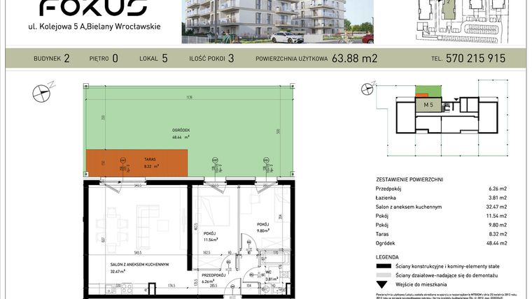 Rzut - Mieszkanie na sprzedaż 3 pokoje o powierzchni 63,88 m² - numer B2-5 w Fokus Bielany