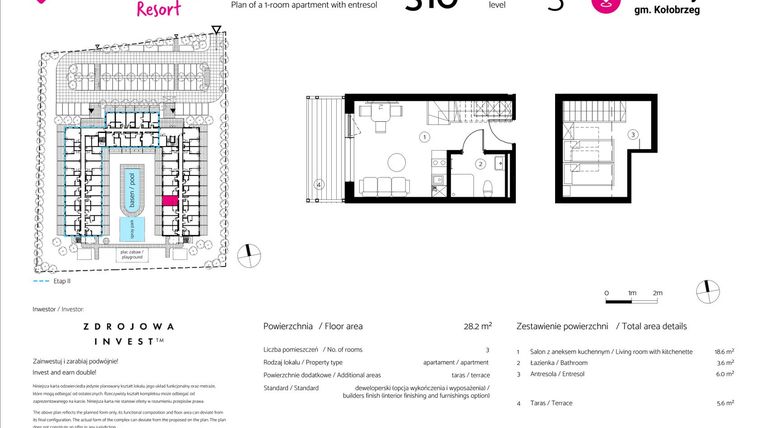 Rzut - Mieszkanie na sprzedaż 1 pokój o powierzchni 28,2 m² - numer 310 w VacationClub Resort