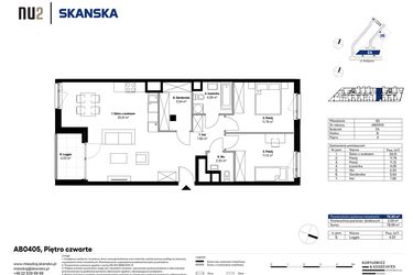 Rzut - Mieszkanie na sprzedaż 3 pokoje o powierzchni 76,07 m² - numer AB0405 w NU2 Warszawa Wola