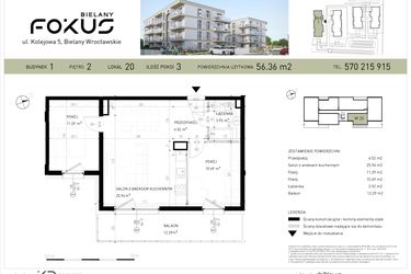 Rzut - Mieszkanie na sprzedaż 3 pokoje o powierzchni 56,36 m² - numer B1-20 w Fokus Bielany