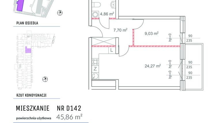 Rzut - Mieszkanie na sprzedaż 2 pokoje o powierzchni 45,86 m² - numer D142 w Osiedle Impresja 2