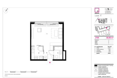 Rzut - Mieszkanie na sprzedaż 1 pokój o powierzchni 38,89 m² - numer J104 w 19. Dzielnica Etap V