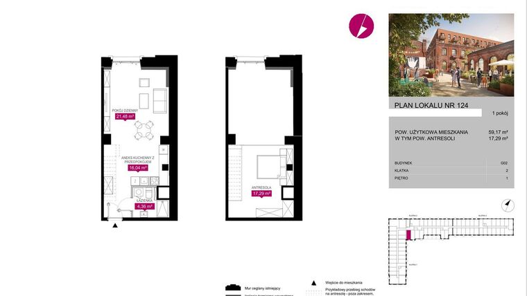 Rzut - Mieszkanie na sprzedaż 1 pokój o powierzchni 59,17 m² - numer G2.124 w Fuzja Lofty