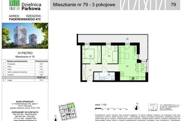 Rzut - Mieszkanie na sprzedaż 3 pokoje o powierzchni 52,67 m² - numer 79/B8 w Dzielnica Parkowa VIII