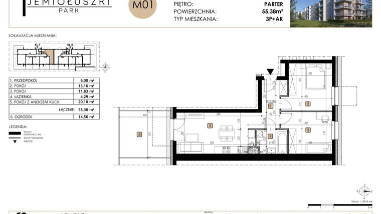 Rzut - Mieszkanie na sprzedaż 3 pokoje o powierzchni 55,38 m² - numer M01 w Jemiołuszki Park