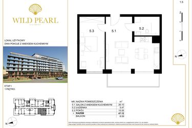 Rzut - Mieszkanie na sprzedaż 2 pokoje o powierzchni 47,12 m² - numer 1.5 w Wild Pearl