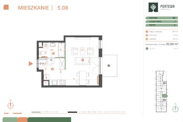 Rzut - Mieszkanie na sprzedaż 1 pokój o powierzchni 32,84 m² - numer M.05.08 w Casa Feliz Portowa