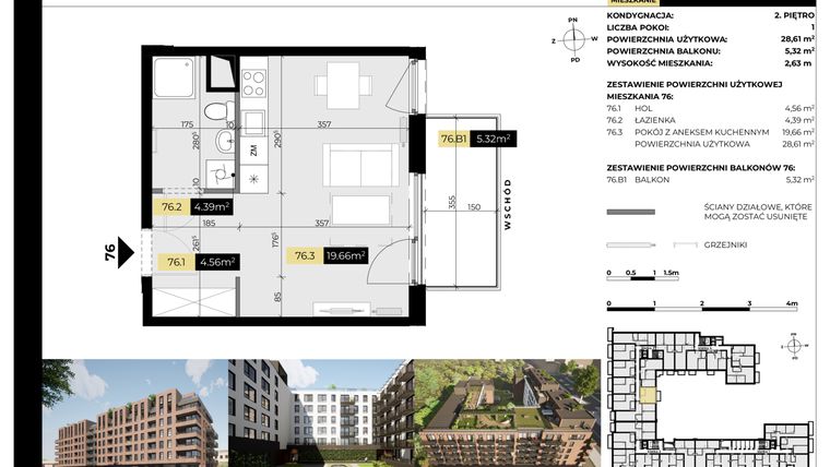 Rzut - Mieszkanie na sprzedaż 1 pokój o powierzchni 28,61 m² - numer M/76 w Tarasy Śląskie