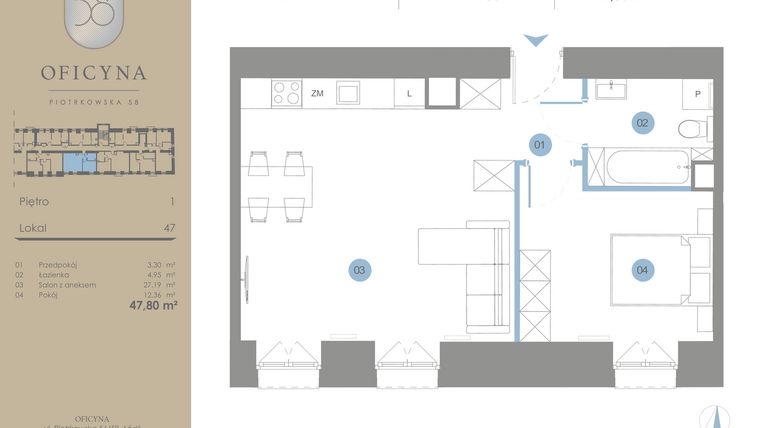Rzut - Mieszkanie na sprzedaż 2 pokoje o powierzchni 47,8 m² - numer 47 w Oficyna - mieszkania
