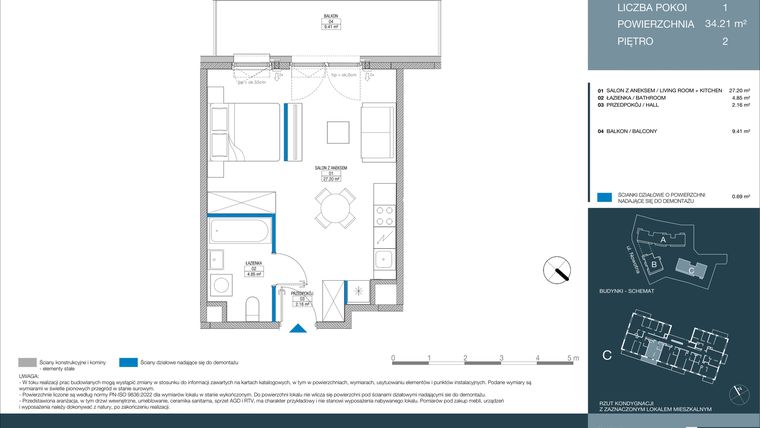 Rzut - Mieszkanie na sprzedaż 1 pokój o powierzchni 34,21 m² - numer C.1.3.3 w Meri Apartamenty