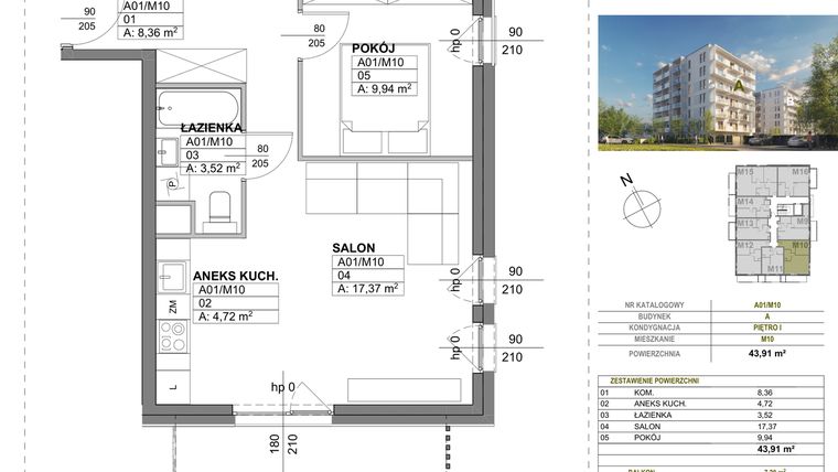 Rzut - Mieszkanie na sprzedaż 2 pokoje o powierzchni 43,91 m² - numer A00_M10 w Wierzbowy Park