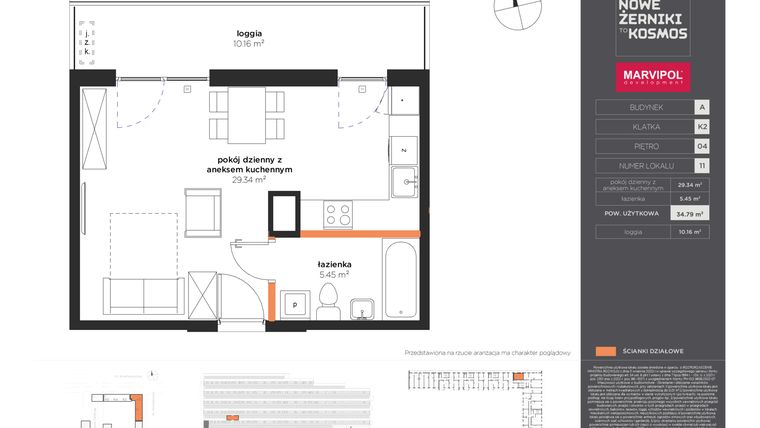 Rzut - Mieszkanie na sprzedaż 1 pokój o powierzchni 34,79 m² - numer A-04-11-K2 w Nowe Żerniki to KOSMOS