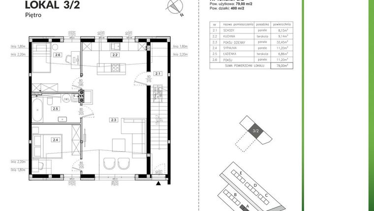 Rzut - Mieszkanie na sprzedaż 3 pokoje o powierzchni 79 m² - numer 3/2 w Szczęśliwa Polana