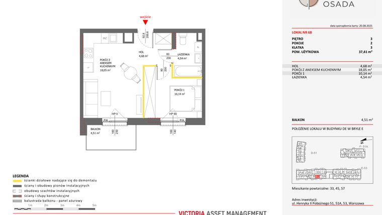 Rzut - Mieszkanie na sprzedaż 2 pokoje o powierzchni 37,41 m² - numer E.68 w Piastova Osada