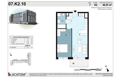 Rzut - Mieszkanie na sprzedaż 2 pokoje o powierzchni 46,53 m² - numer 07.K2.10 w Langiewicza 37
