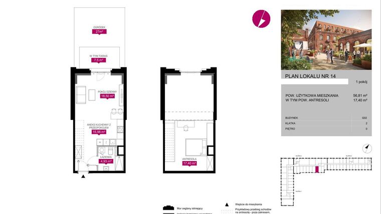 Rzut - Mieszkanie na sprzedaż 1 pokój o powierzchni 56,88 m² - numer G2.14 w Fuzja Lofty