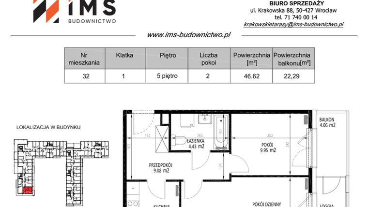 Rzut - Mieszkanie na sprzedaż 2 pokoje o powierzchni 46,57 m² - numer 32 w Krakowskie Tarasy etap V