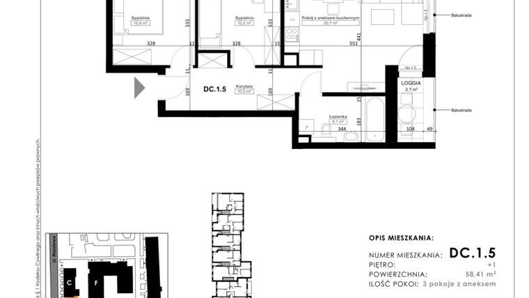 Rzut - Mieszkanie na sprzedaż 3 pokoje o powierzchni 58,41 m² - numer DC.1.5 w Nowy Folwark