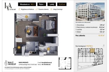 Rzut - Mieszkanie na sprzedaż 1 pokój o powierzchni 51,45 m² - numer M1.3 w La Vie Art