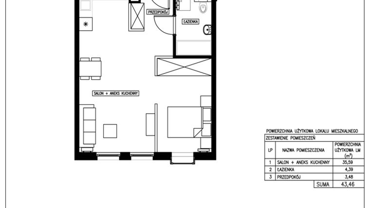Rzut - Mieszkanie na sprzedaż 1 pokój o powierzchni 43,46 m² - numer 7 w Nowa Kurkowa