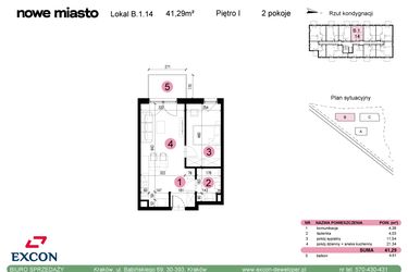 Rzut - Mieszkanie na sprzedaż 2 pokoje o powierzchni 41,29 m² - numer B-1-14 w Nowe Miasto