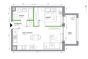 Rzut - Mieszkanie na sprzedaż 2 pokoje o powierzchni 38,43 m² - numer 1/A/3/6 w Sochaczewska Vita