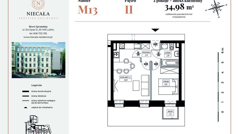 Rzut - Mieszkanie na sprzedaż 2 pokoje o powierzchni 34,98 m² - numer 13 w Niecała Prestige Residence