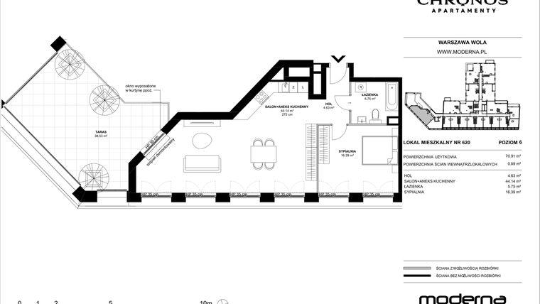 Rzut - Mieszkanie na sprzedaż 2 pokoje o powierzchni 70,91 m² - numer 620 w Chronos etap II