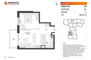 Rzut - Mieszkanie na sprzedaż 2 pokoje o powierzchni 38,05 m² - numer 56 w Locus 2
