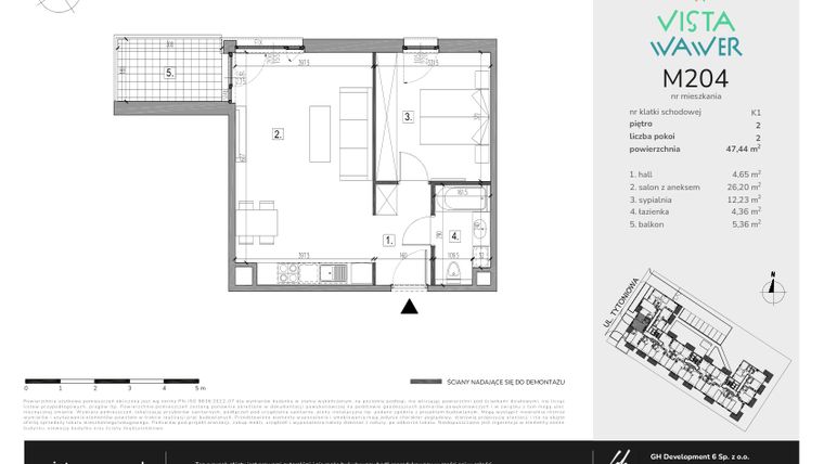 Rzut - Mieszkanie na sprzedaż 2 pokoje o powierzchni 47,44 m² - numer M204 w Vista Wawer
