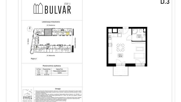 Rzut - Mieszkanie na sprzedaż 1 pokój o powierzchni 33,2 m² - numer D3 w Bulvar etap II
