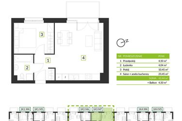 Rzut - Mieszkanie na sprzedaż 2 pokoje o powierzchni 42,44 m² - numer 1K3 M7 w Osiedle Krzeptów przy lesie