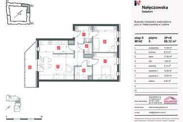 Rzut - Mieszkanie na sprzedaż 3 pokoje o powierzchni 69,12 m² - numer M-142 w Nałęczowska etap II