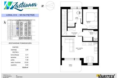 Rzut - Mieszkanie na sprzedaż 3 pokoje o powierzchni 53,83 m² - numer A.14 w Zastawna OdNova
