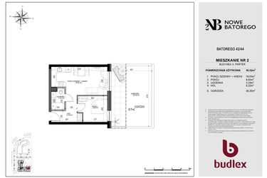 Rzut - Mieszkanie na sprzedaż 2 pokoje o powierzchni 36,33 m² - numer A2 w Nowe Batorego 2